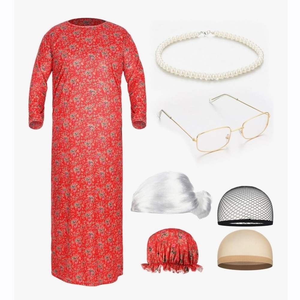 Red Floral Long Dress with Accessories Costume